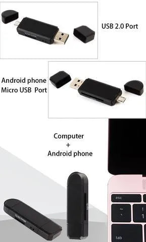 Black Smart Three-In-One Multi-Function Card Reader with Micro USB and USB 2.0 connectors