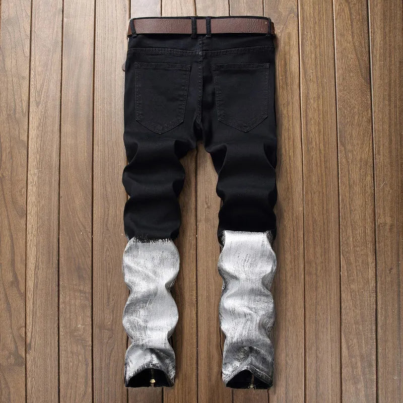 Pair of men's black basic straight jeans with worn finish, 98% cotton, side view