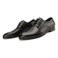 Men's black leather derby shoes with checkered detailing and pointed toe