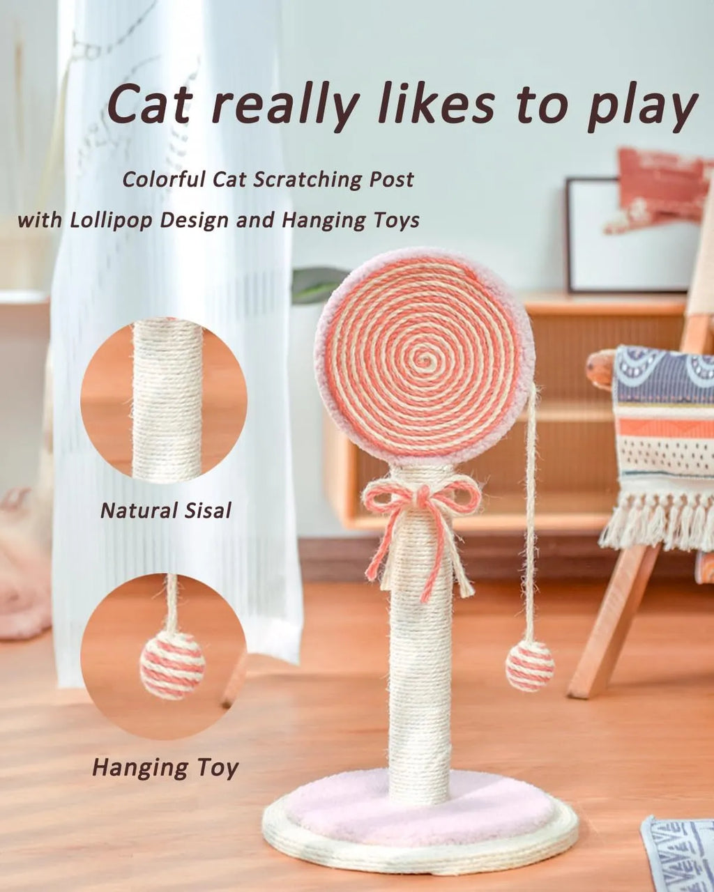 Blue cat scratching post with sisal rope and hanging ball on wooden base