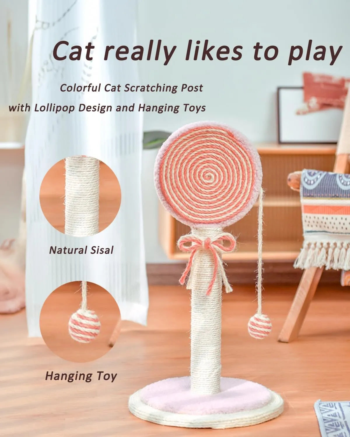 Blue cat scratching post with sisal rope and hanging ball on wooden base