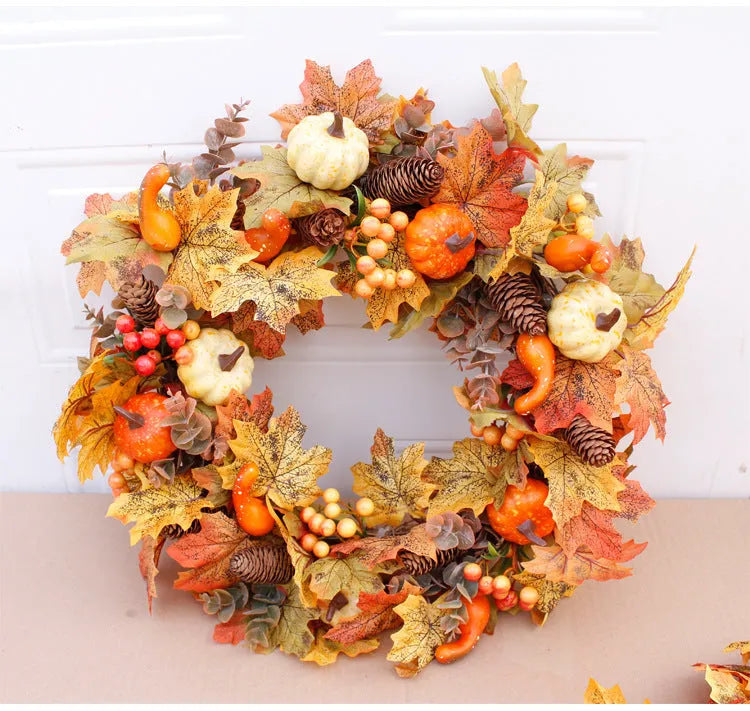 Autumn pumpkin wreath with fabric leaves, simulation pumpkins, berries, and pine cones on a vine ring, 50cm diameter