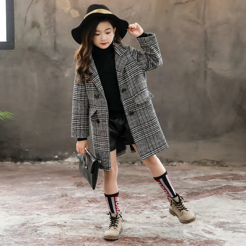 Girls grey houndstooth plaid winter coat with suit collar and long sleeves