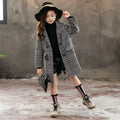 Girls grey houndstooth plaid winter coat with suit collar and long sleeves