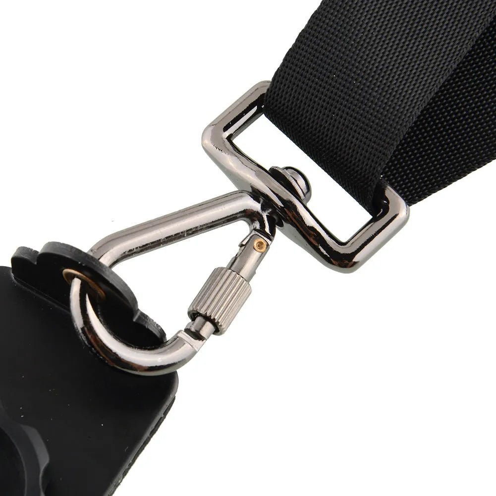 Black professional dual shoulder strap for carrying two SLR cameras simultaneously.