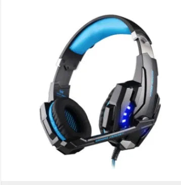 G9000 gaming headset with microphone, black blue colour, over-ear wired design, leather earmuffs, nylon braided cable
