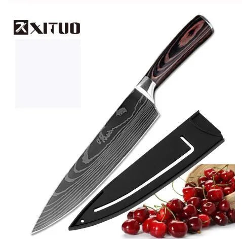 7Cr17 stainless steel chef knife with 18cm blade, laser Damascus pattern, and coloured wood handle