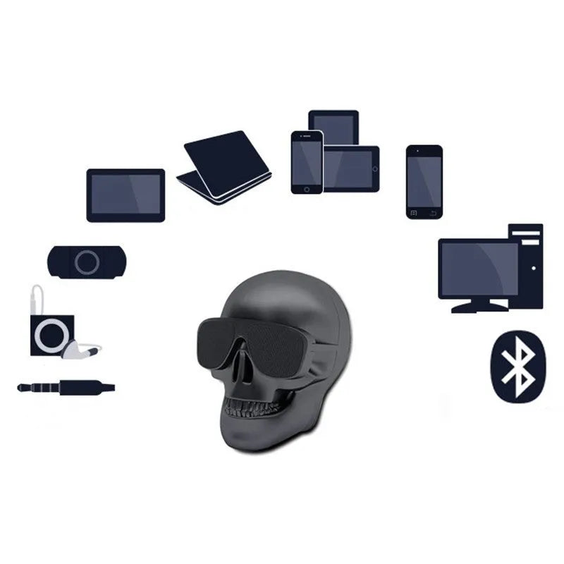 Limited edition skull design wireless Bluetooth speaker showing colour options and compact portable dimensions