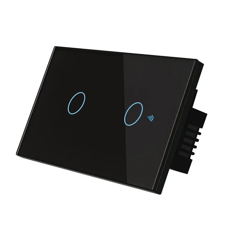 White wireless RF touch light switch with tempered glass panel showing red and blue LED indicators
