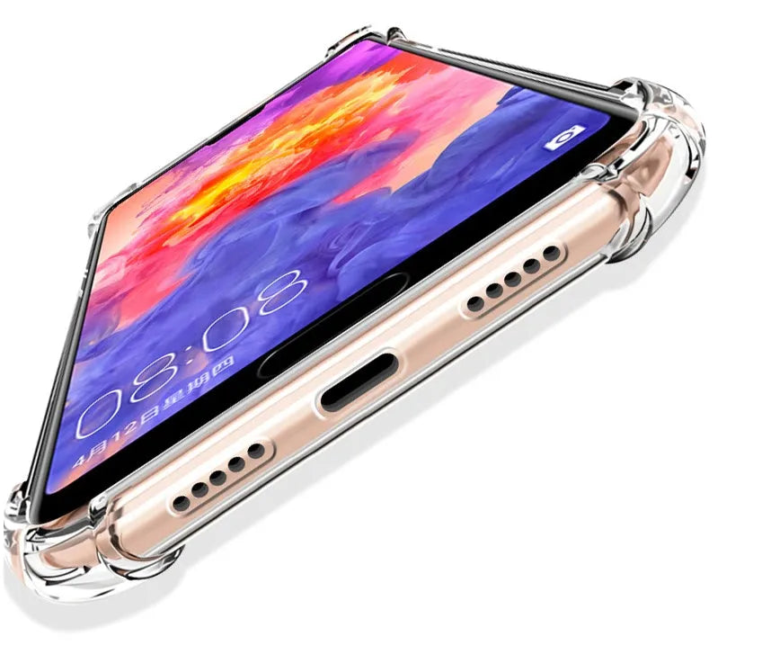 Transparent airbag drop-resistant TPU phone case for a Huawei smartphone on a table.
