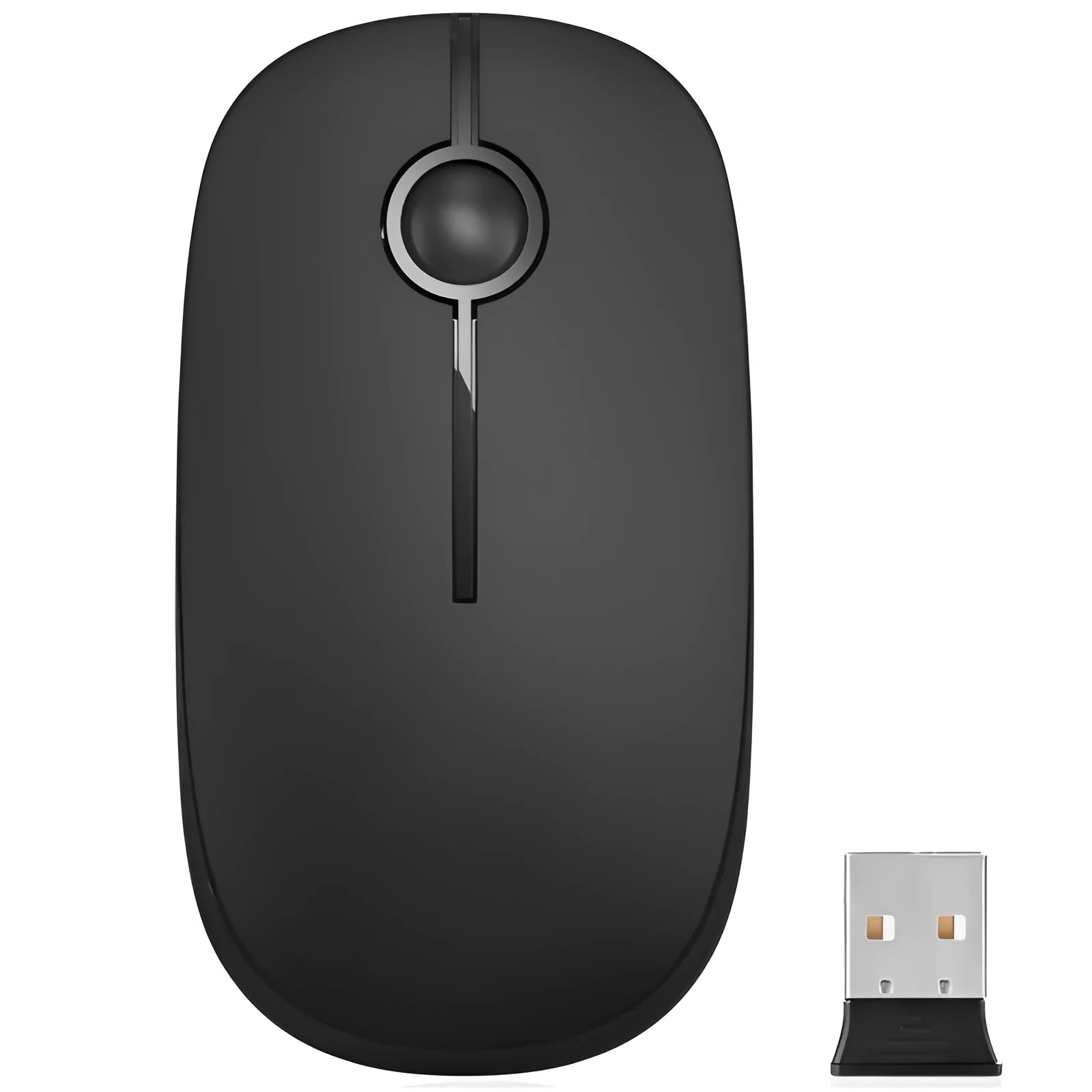 Black 2.4G wireless mouse with compact dimensions 120x66x36mm on desk