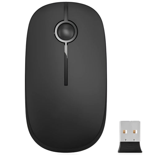 Black 2.4G wireless mouse with compact dimensions 120x66x36mm on desk