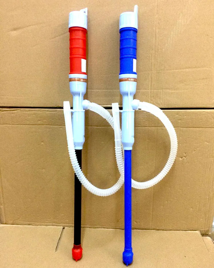 Blue manual hand siphon pump for transferring fuel and oil.