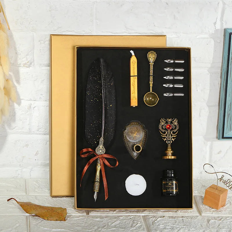 European style retro sprinkled gold feather pen with ink bottle and spoon on display