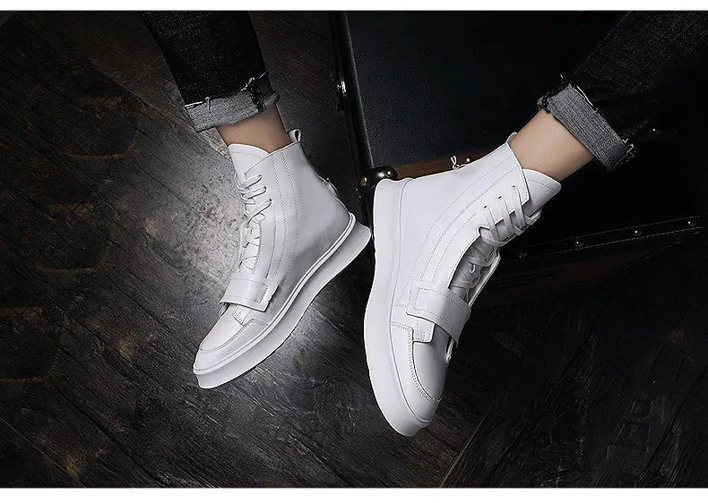 Men's black PU leather high-top winter ankle boots on a white background, showing sneaker-style design.