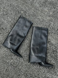 Women's black pointed mid heel riding boots with microfiber upper and rubber sole