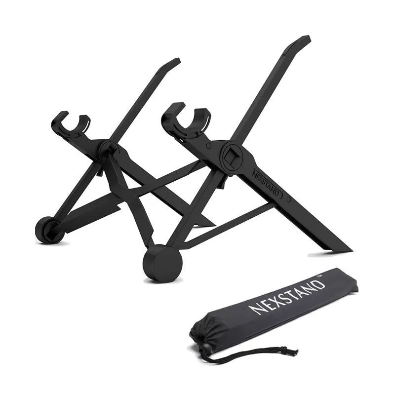 Sagacious black portable folding laptop bracket showing lifting mechanism and folded position