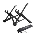 Sagacious black portable folding laptop bracket showing lifting mechanism and folded position