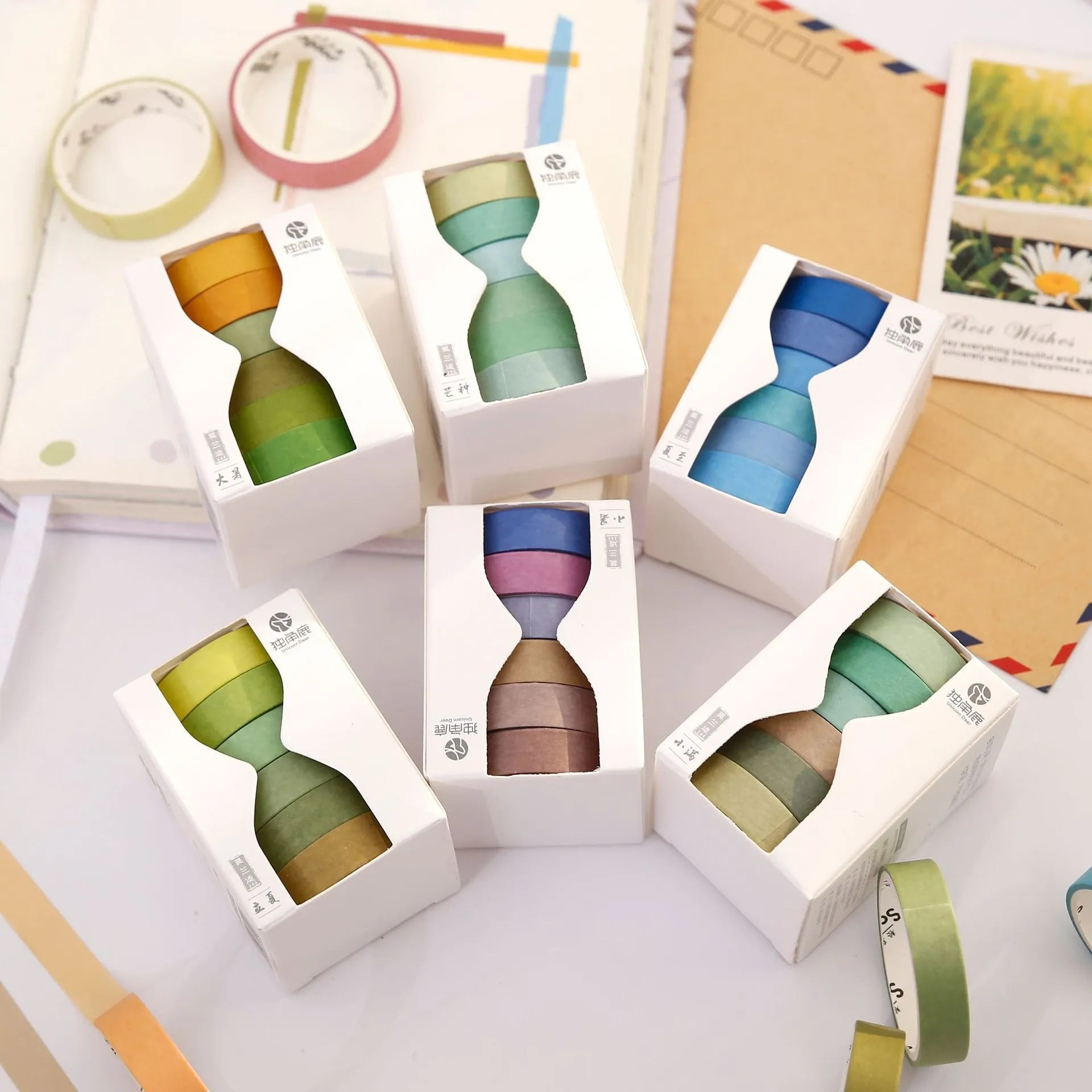 Morandi paper tape 9mm x 3m in assorted colours on a white background