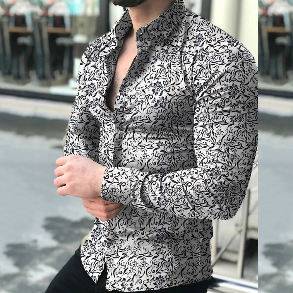 Casual floral shirt with lapel collar, long sleeves, available in multiple colours and sizes M to 5XL