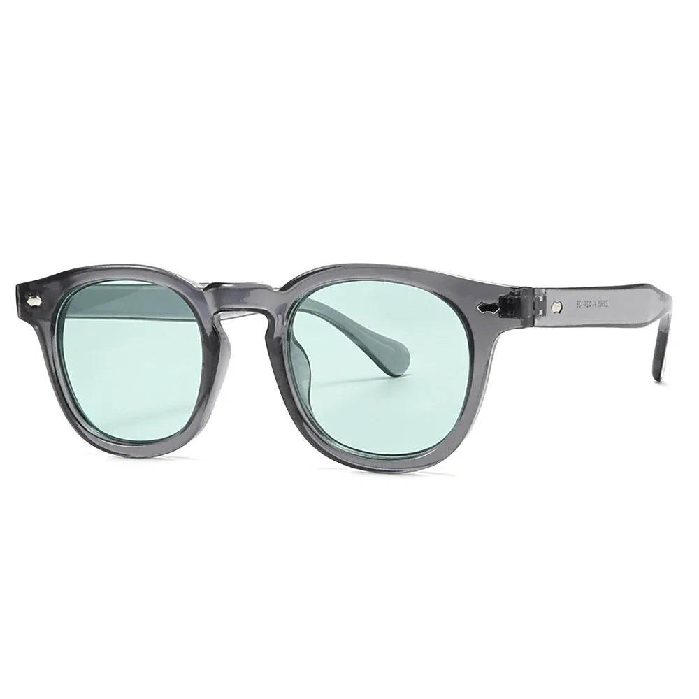 Round rim sunglasses with transparent frame and tinted lens in various colour combinations