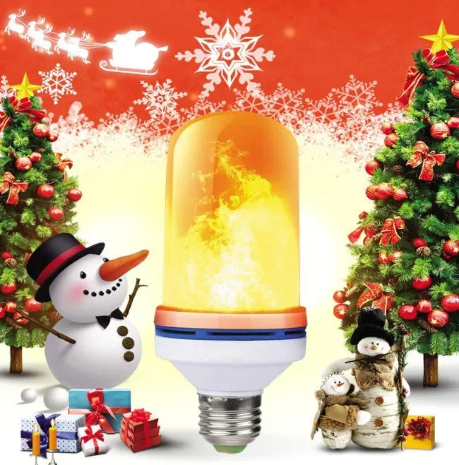 LED flame lamp bulb with dynamic moving fire effect, warm orange glow, E26 base, and USB power