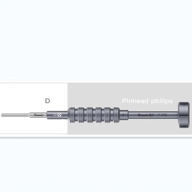 Compatible iPhone precision screwdriver with five bit types in a grenade-shaped aluminium handle.