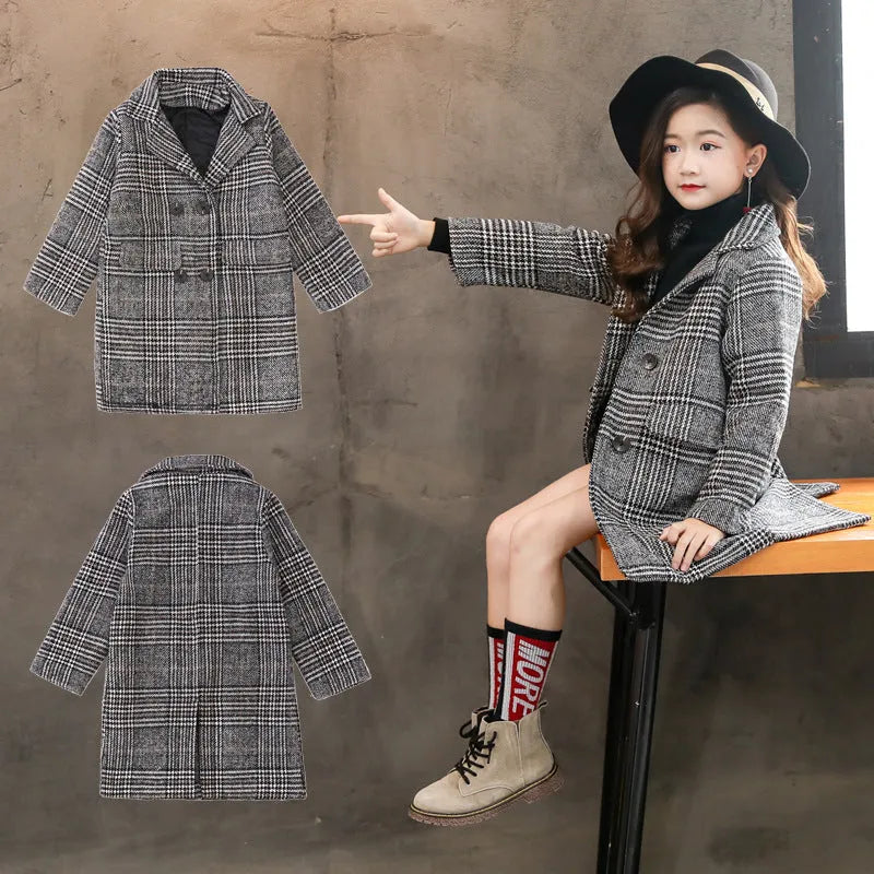 Girls grey houndstooth plaid winter coat with suit collar and long sleeves