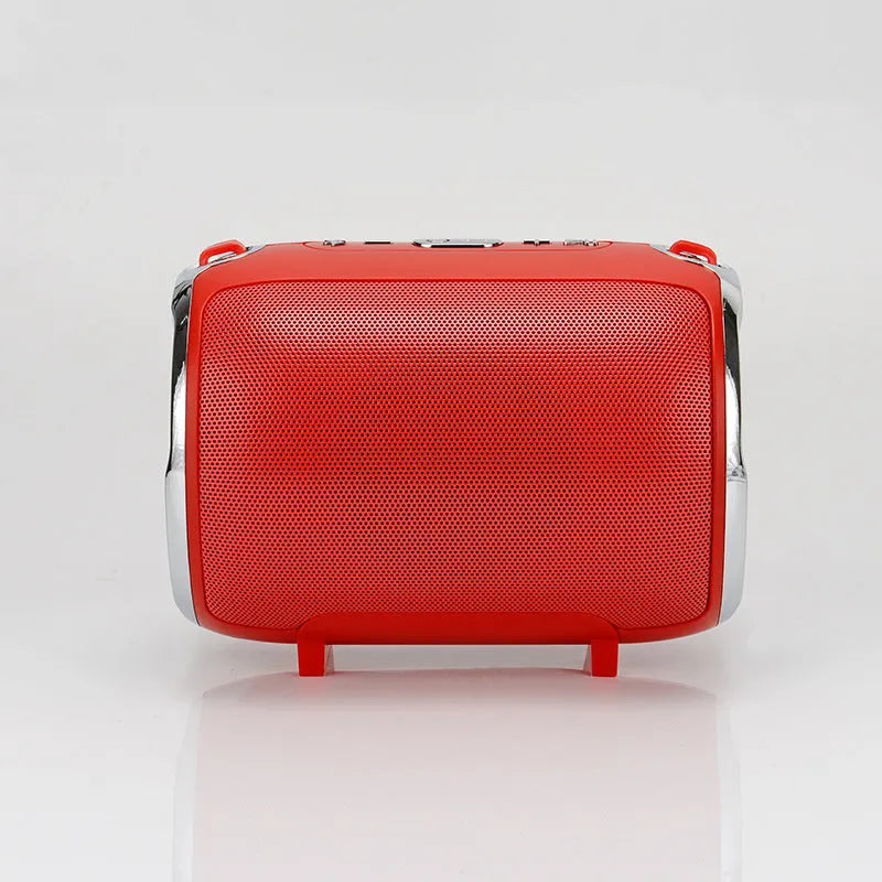Portable metal subwoofer speaker with button controls in black, blue, golden, red, or silver colour options