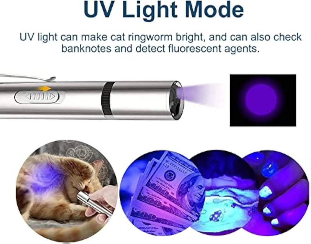 Silver aluminium cat laser pointer toy with metal clip showing multiple light pattern options