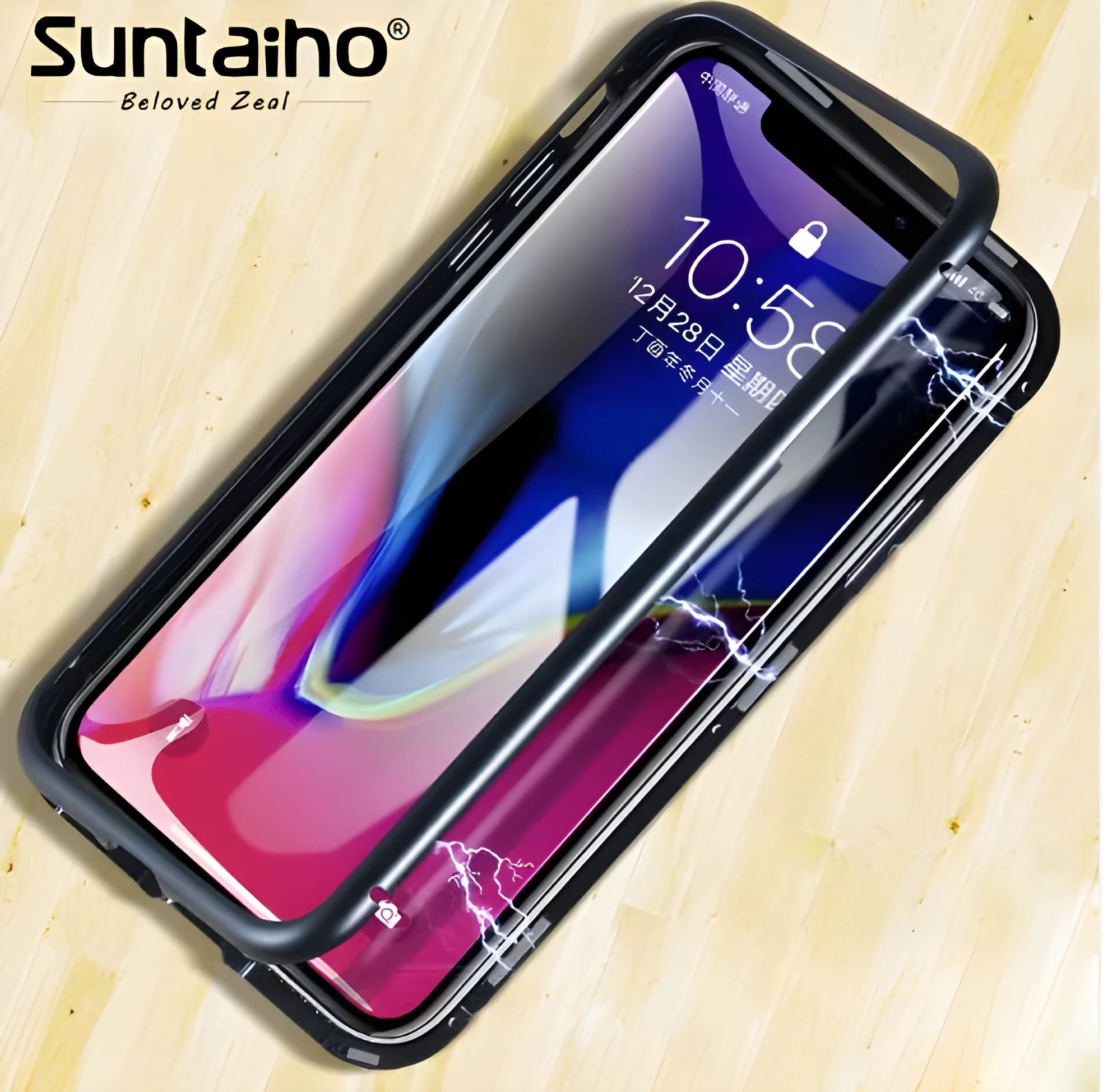 Suntaiho magnetic adsorption phone case with tempered glass back for iPhone, shown in transparent red colour.