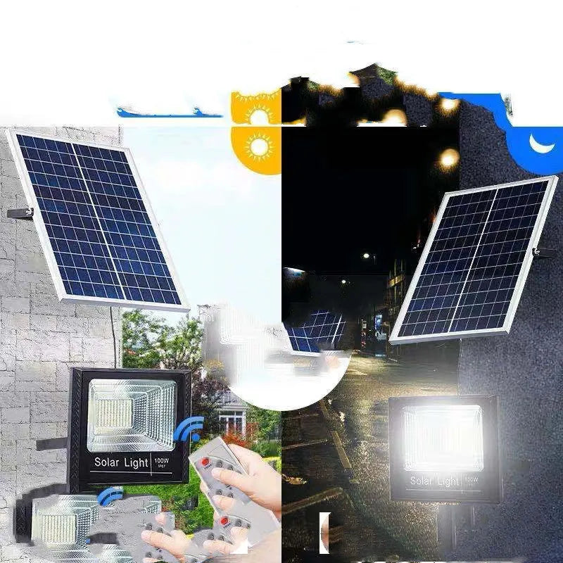 Black solar LED flood light for outdoor garden and street lighting with remote control