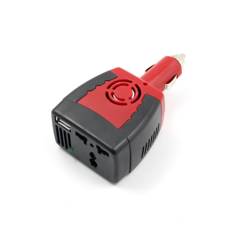 Black and red 150W car power inverter with AC plug and USB port