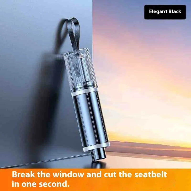 Black and red car safety life hammer with spring-loaded window breaker and seatbelt cutter.