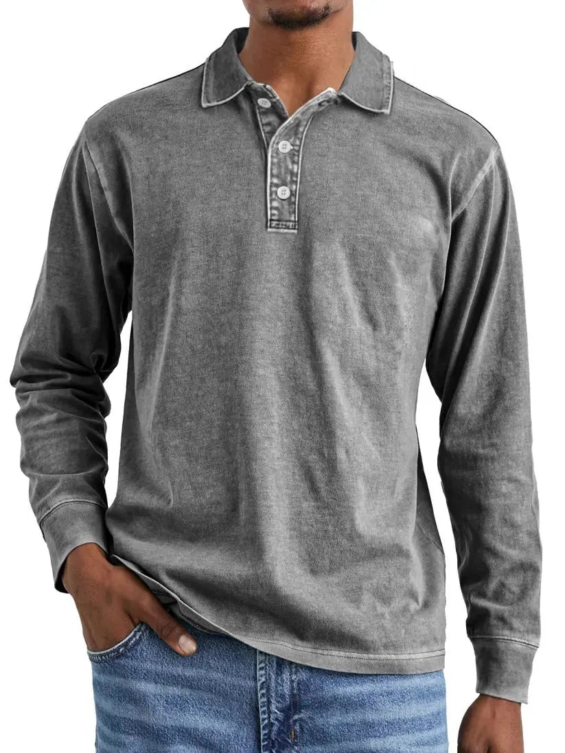Men's retro washed distressed pure cotton lapel collar long sleeve polo shirt