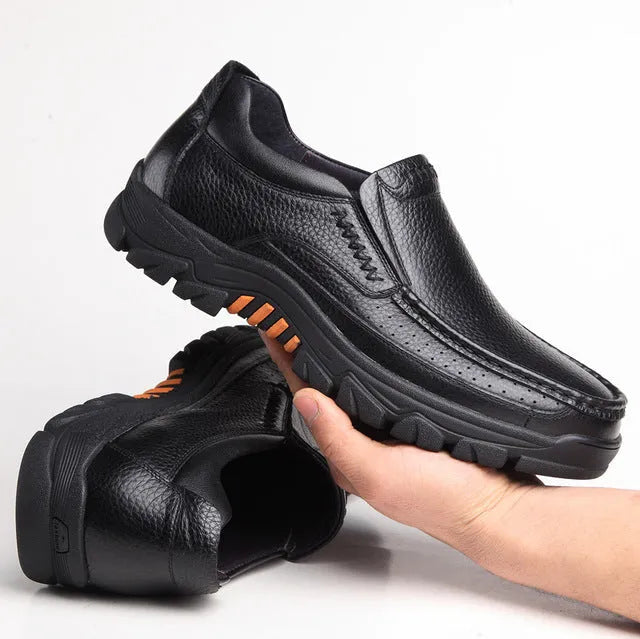 Men's black and brown business casual slip-on loafers with cowhide leather upper and rubber sole