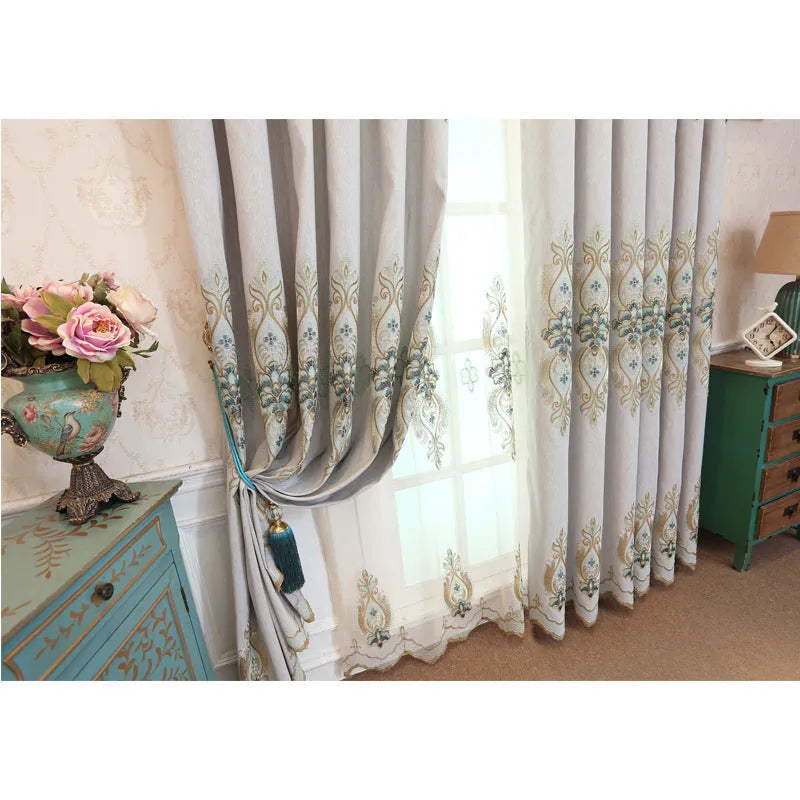 Slub cotton embroidery curtain fabric in beige with flat embroidery, high shading, modern simple style