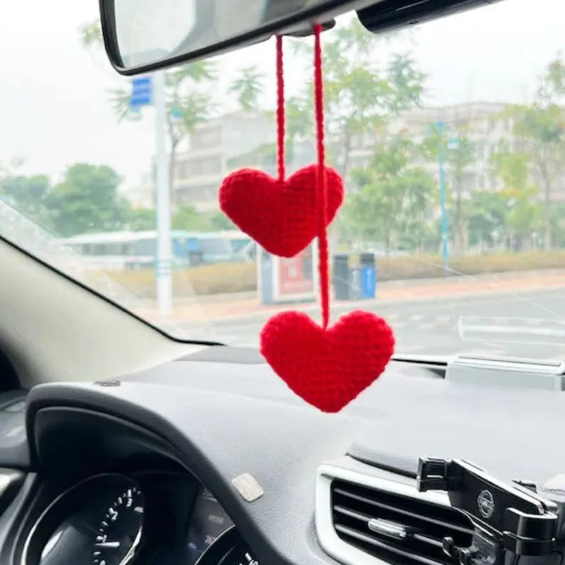 Knitted wool car plant decoration with green and white pattern, 8cm basin and hanging cord