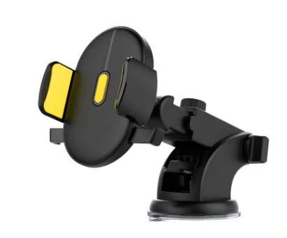 Yellow and black telescopic car phone holder with suction cup mount on a dashboard