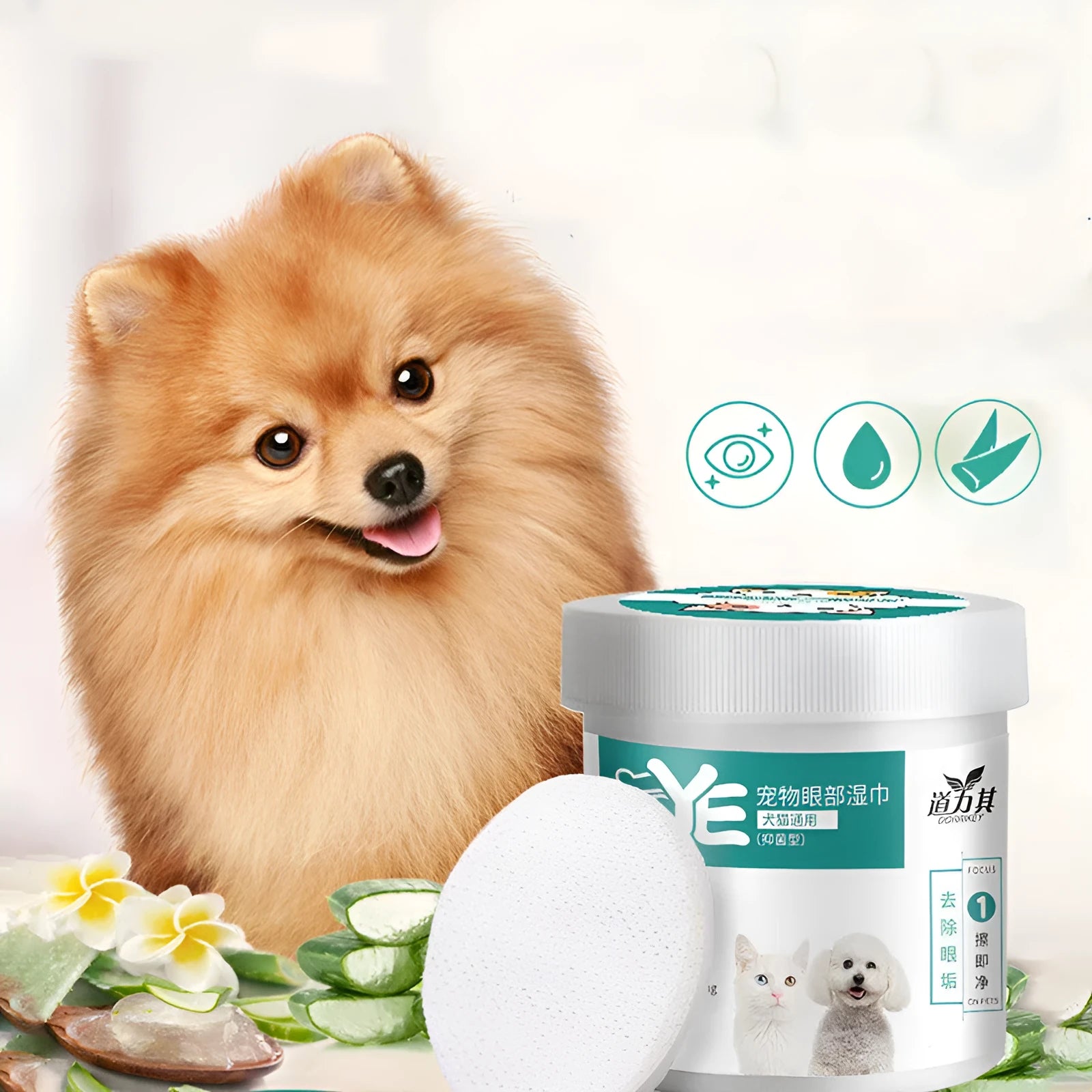 Pack of 130 pre-moistened pet eye wipes for dog tear stain removal in a blue and white container