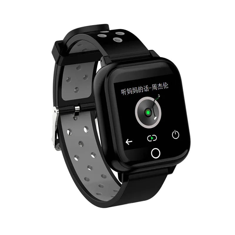 Black smart watch with removable Bluetooth earbuds showing heart rate monitoring on 1.4-inch screen