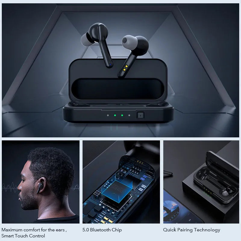 Black and white TWS true wireless earbuds with Bluetooth 5.0 and IPX5 waterproof rating