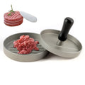 Single burger press in aluminium die casting, 12 x 12 x 9 cm, with base and handled press plate for meatloaf and barbecue use