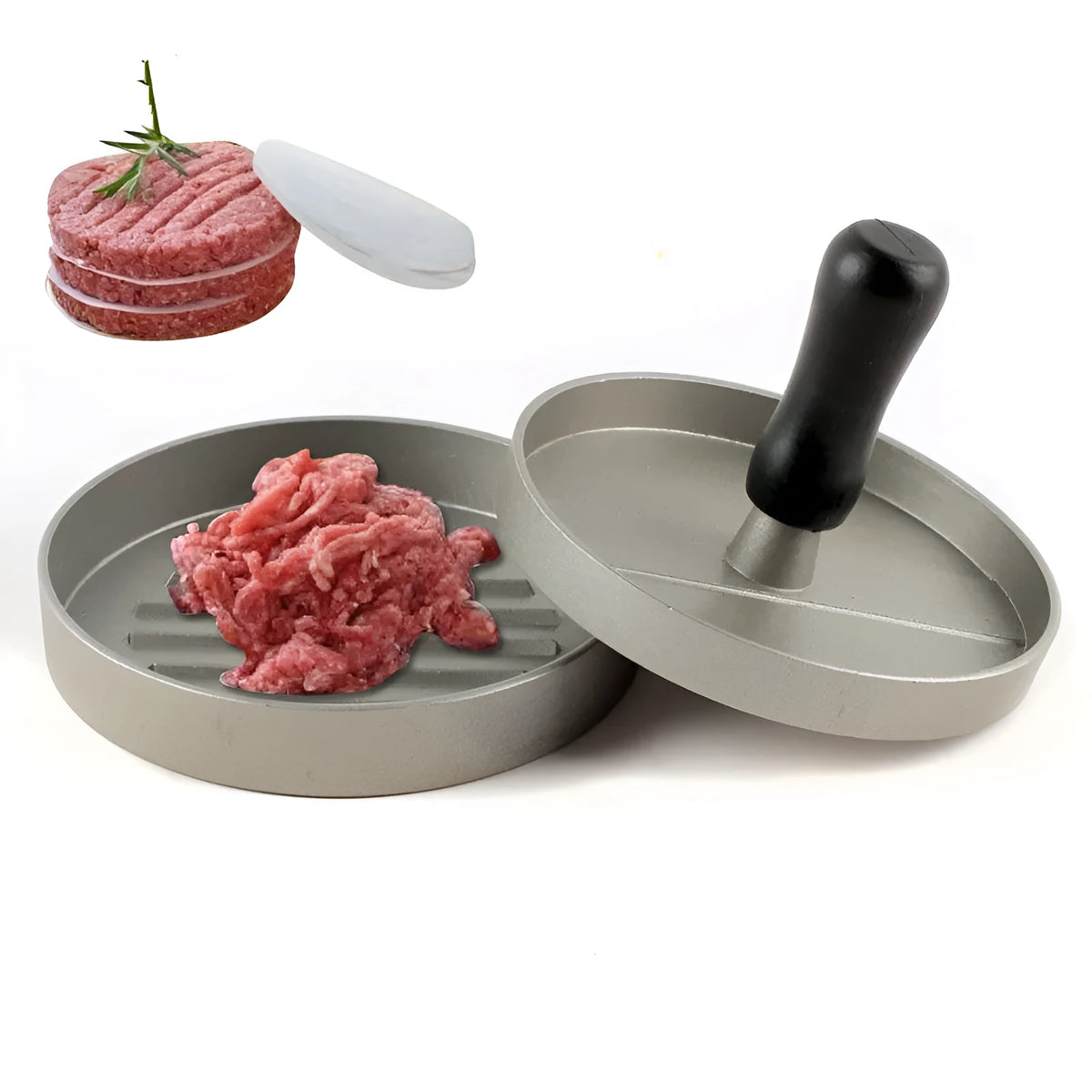 Single burger press in aluminium die casting, 12 x 12 x 9 cm, with base and handled press plate for meatloaf and barbecue use