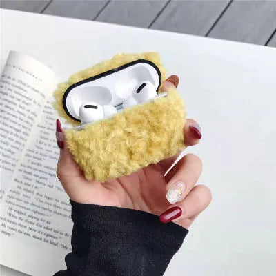 Simple Lamb hard plastic AirPods cover with plush interior in blue, shown next to brown and grey options.