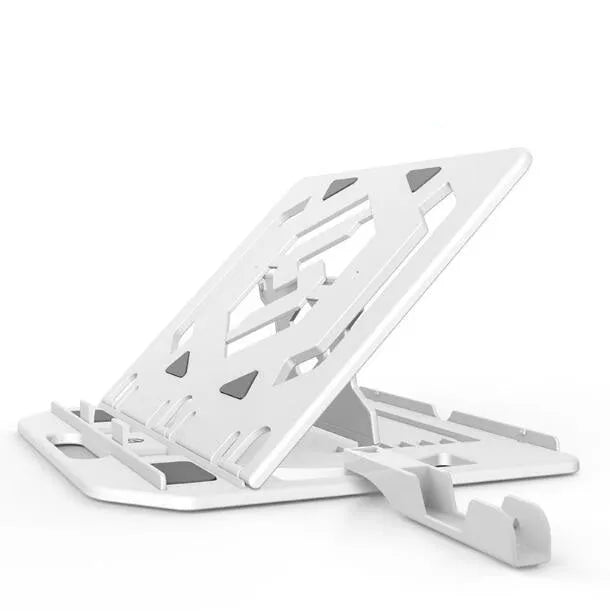 Adjustable notebook stand in black engineering plastic with seven angle positions on a desk