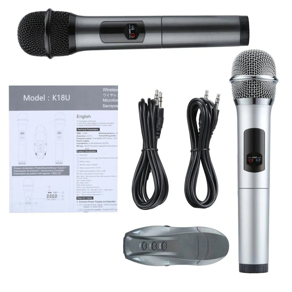 Ane For Two K18U wireless microphone system with two handheld dynamic microphones in silver black and silver white, receiver, and cables