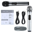 Ane For Two K18U wireless microphone system with two handheld dynamic microphones in silver black and silver white, receiver, and cables