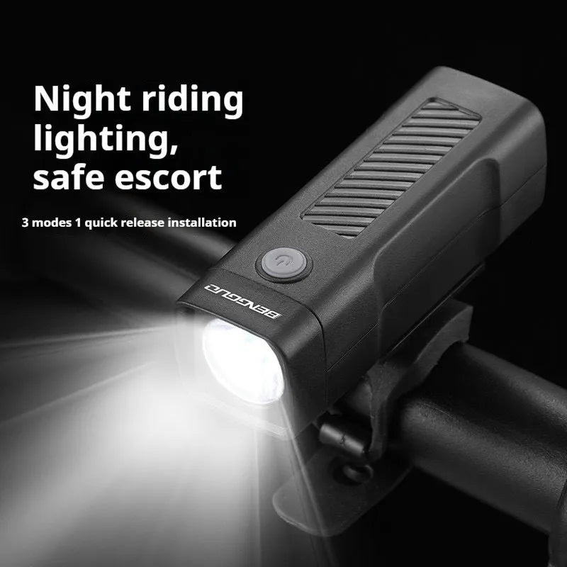 USB rechargeable bicycle headlight with quick-release strap on a handlebar.