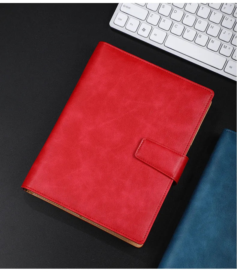 A5 hardcover PU binder notebook with metal buckle clip, shown in multiple colours.